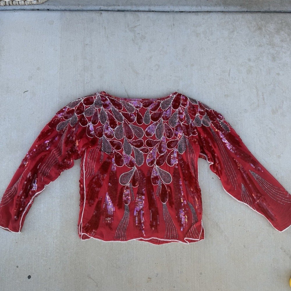 Vintage Art Deco Pure Silk Medium Red Rhinestone‎ Sequin Bling Beaded Iridescent - Picture 9 of 9